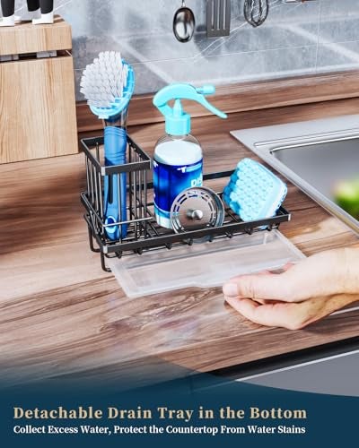 Consumest Sponge Holder for Kitchen Sink - Kitchen Sink Caddy Organizer with Removable Drip Tray for Countertop Dish Soap Dispenser Brush Storage Accessories 304 Stainless Steel - Black - Image 4