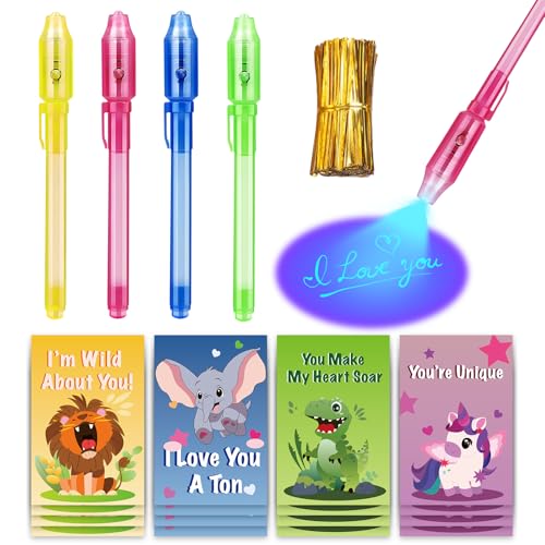 Gocozer Valentines Day Gifts for Kids School 28 Pack Invisible Ink Pen with AnimalThemed Valentines Cards for Classroom Valentines Day Gifts for School Exchange Gifts ideas - Image 1