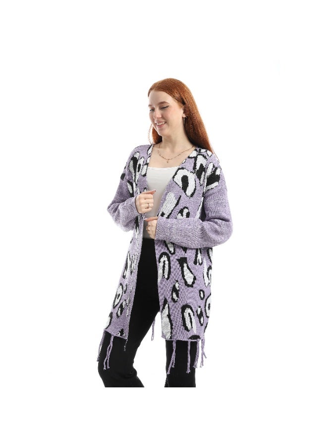 سيزار كارديجان حريمي صوف طويل مزود بنقوش وشراشيب - Image 1