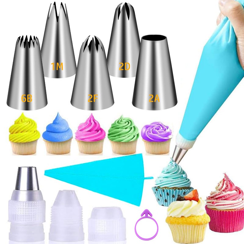 Suuker Large Piping Tips Set Stainless Steel Cake Decorating Tips Large Pastry Tips and Piping Bags Frosting Icing Tips for Cupcakes Cake Cookie 1M 2D 2F 6B 2A