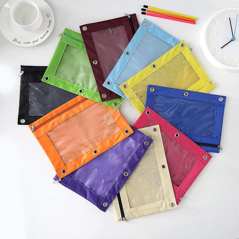 SdeFe Store Zippered Pen Pencil Binder Pouch 3 Rings with Clear Window for School Classroom Organizers 8 Pcs (Yellow) - Image 3