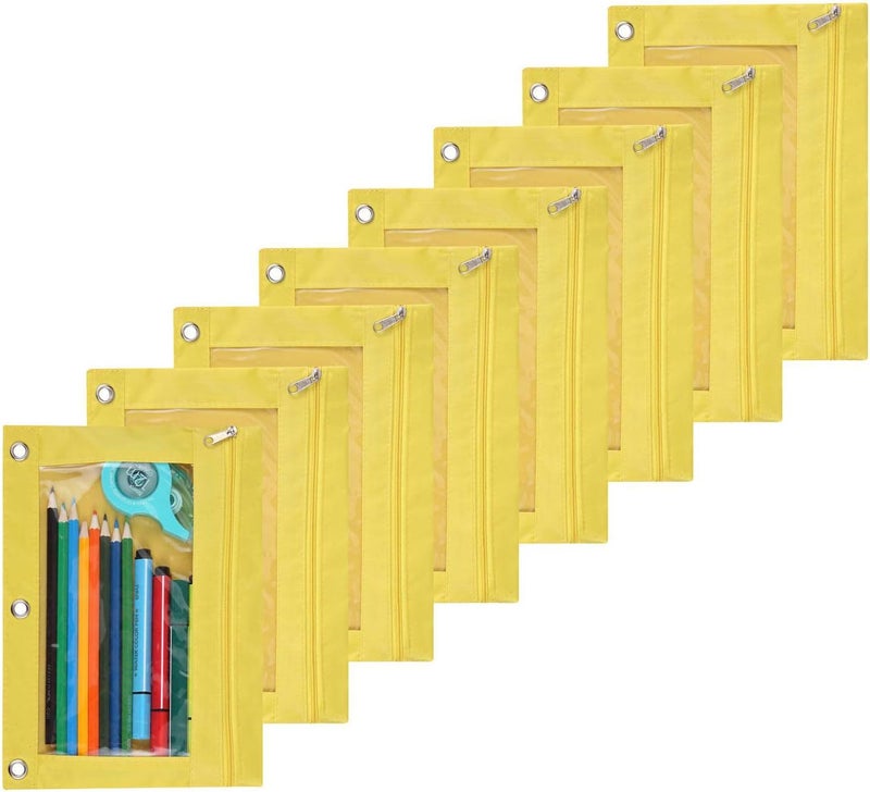 SdeFe Store Zippered Pen Pencil Binder Pouch 3 Rings with Clear Window for School Classroom Organizers 8 Pcs (Yellow) - Image 1