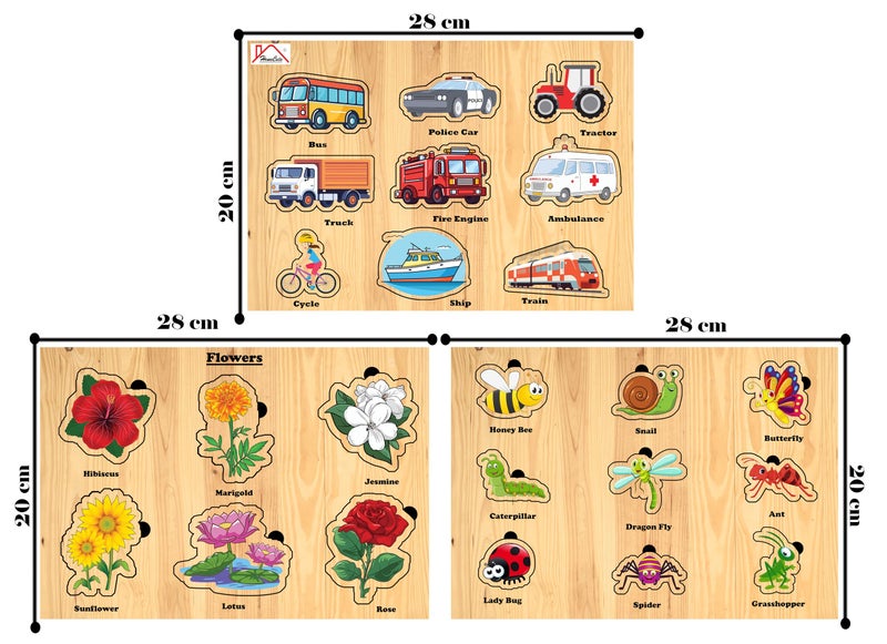 Homecute Wooden Puzzle Educational Toy for Kids,Montessori Wooden Puzzles for Children,Learning Puzzle for Toddlers & Preschoolers, (Pack of 3-Flowers,Insects & Vehicles) - Image 2