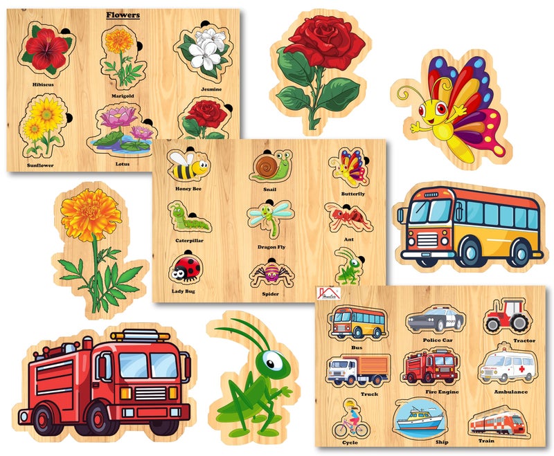 Homecute Wooden Puzzle Educational Toy for Kids,Montessori Wooden Puzzles for Children,Learning Puzzle for Toddlers & Preschoolers, (Pack of 3-Flowers,Insects & Vehicles) - Image 1