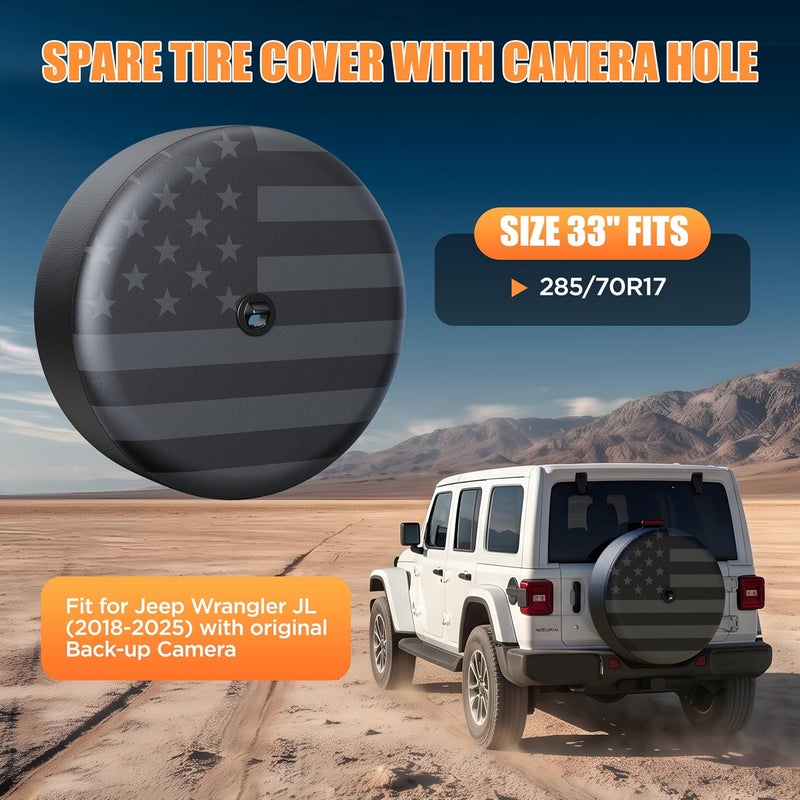 MOONET Tire Cover with Camera Hole, for Jeep Wrangler JL with Back-up Camera, Sport & Sahara (2018-2025) Grey Flag, Fits 285/70R17 - Image 2