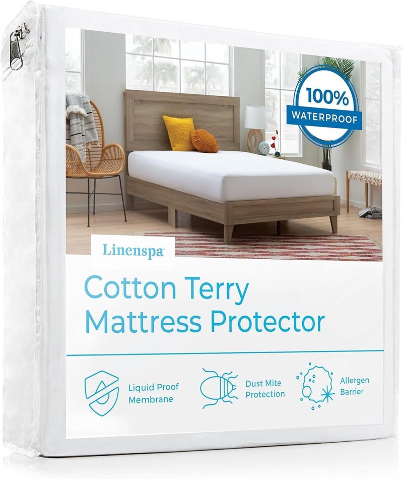 Linenspa Cotton Terry Waterproof Mattress Protector - Full Size, White - Image 1