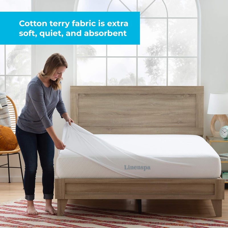 Linenspa Cotton Terry Waterproof Mattress Protector - Full Size, White - Image 4