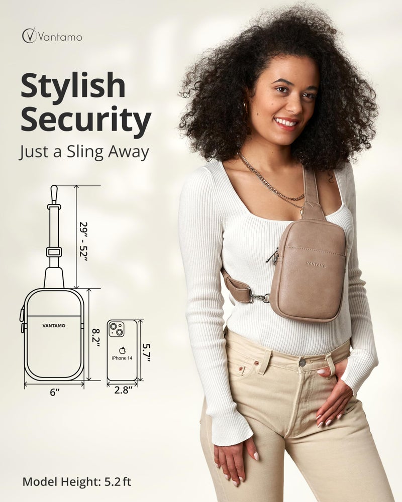 Vantamo Sling Bag for Women 29"-52" Adjustable Strap, Extra Safe Cross Body Bags for Women with RFID & Anti-Pickpocket Clip, Smooth PU Leather Pack with Gift Box, Universal Sand Brown Crossbody - Image 2