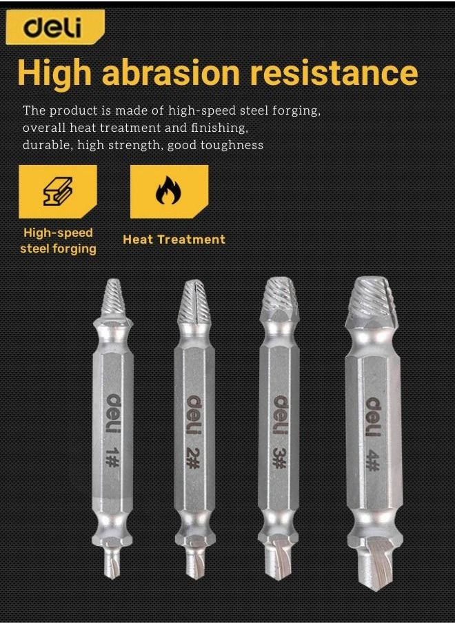 Deli - 4-Piece Damaged Screw Extractor Kit Broken Bolt Extractor and Screw Remover Set with Box Double-headed - Image 1