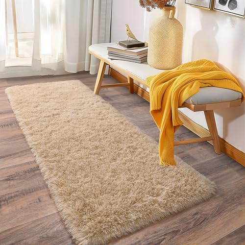 Ailyei Soft Runner Rugs for Bedroom Hallways, 2x6 Beige Fluffy Shag Throw Area Rug Non Slip for Bedside Dorm, Long Shaggy Furry Carpet for Nursery Living Room - Image 3