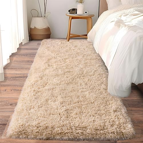 Ailyei Soft Runner Rugs for Bedroom Hallways, 2x6 Beige Fluffy Shag Throw Area Rug Non Slip for Bedside Dorm, Long Shaggy Furry Carpet for Nursery Living Room - Image 1