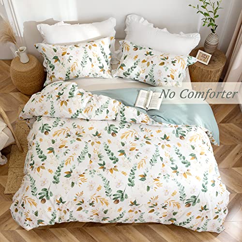 MILDLY Farmhouse Duvet Cover Set - 100% Washed Cotton Garden Flower Printed Bedding Set Queen Size Soft Breathable Comforter Cover with Zipper Ties - Image 3