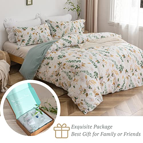 MILDLY Farmhouse Duvet Cover Set - 100% Washed Cotton Garden Flower Printed Bedding Set Queen Size Soft Breathable Comforter Cover with Zipper Ties - Image 5