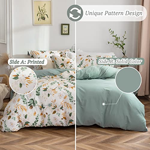 MILDLY Farmhouse Duvet Cover Set - 100% Washed Cotton Garden Flower Printed Bedding Set Queen Size Soft Breathable Comforter Cover with Zipper Ties - Image 4