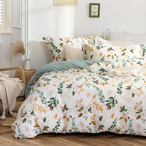 MILDLY Farmhouse Duvet Cover Set - 100% Washed Cotton Garden Flower Printed Bedding Set Queen Size Soft Breathable Comforter Cover with Zipper Ties - Image 1