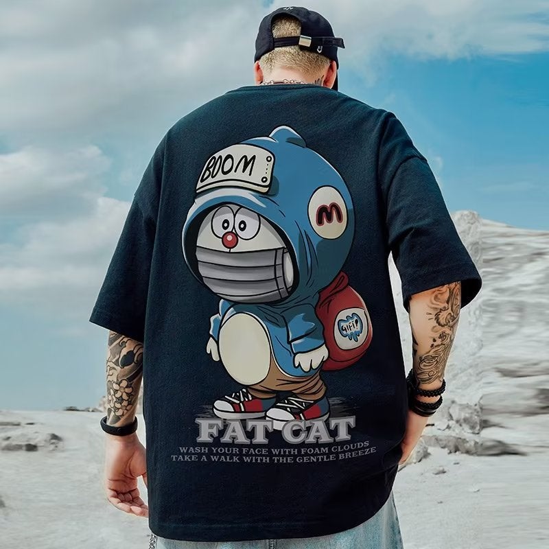 Japanese Style Trendy Brand Loose T-Shirt For Fatty Men'S Wear Loose Plus Fat Plus Size Short-Sleeved Trendy Cartoon Sports Half-Sleeved Top - Image 1