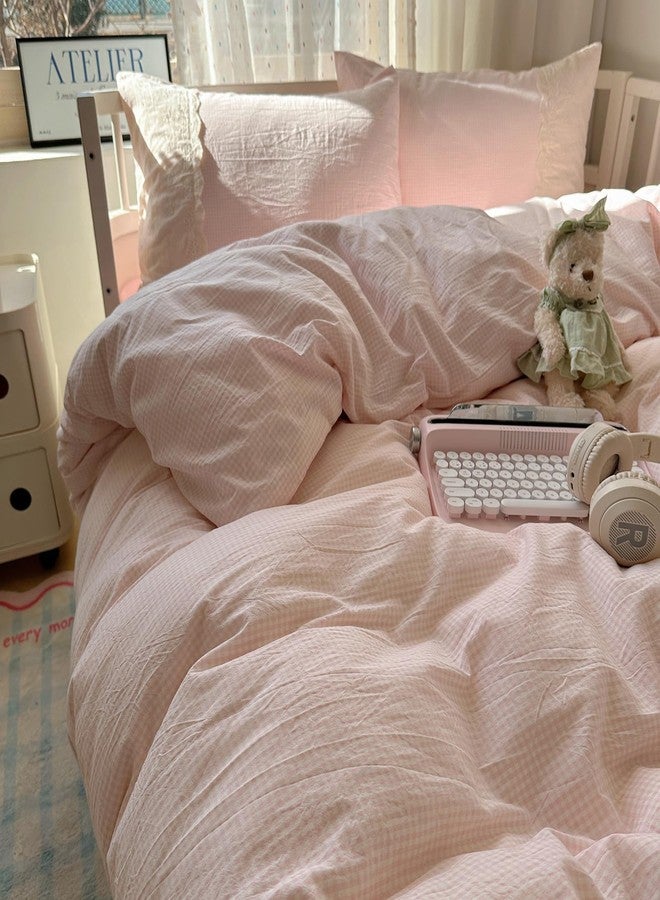 MOTNTD Pink Gingham Duvet Cover Queen Size Off White Lace-Trimmed Queen Comforter Cover Boho Textured Soft Chic Duvet Cover Set with Pillowcases Washed Microfiber Bedding Set Coquette Duvet Protector - Image 1