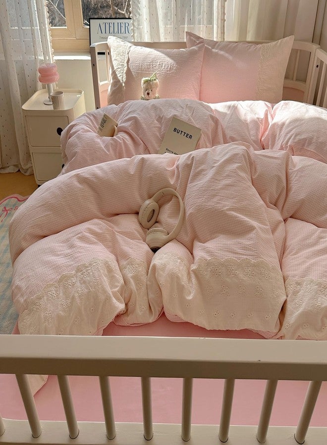 MOTNTD Pink Gingham Duvet Cover Queen Size Off White Lace-Trimmed Queen Comforter Cover Boho Textured Soft Chic Duvet Cover Set with Pillowcases Washed Microfiber Bedding Set Coquette Duvet Protector - Image 2
