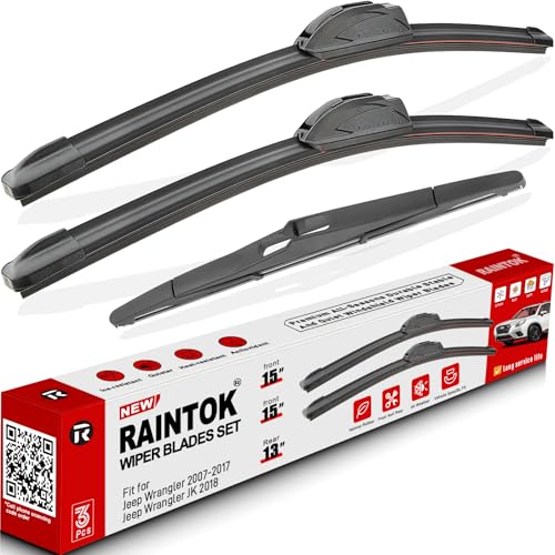 RAINTOK Windshield Wiper Blades Replacement for 2007-2017 Jeep Wrangler 2008-2018 Wrangler JK Original Factory Quality Front Rear Wipers Blade Set for My Car - 15" 15" 13" (Pack of 3) - Image 1