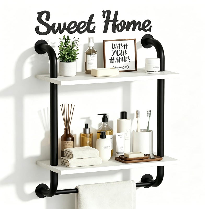 Tinpin Bathroom Shelves Wall Mounted Rustic Farmhouse Pipe Shelves 2Tier Floating Shelf Wall Decor for Bathroom Kitchen Bedroom Living Room Thanksgiving Day 173in White - Image 2