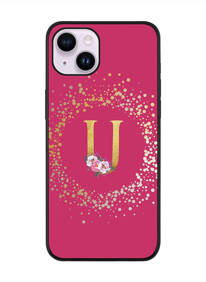 Stylizedd Rugged Black edge case for Apple iPhone 14 Plus, Soft Flexible Phone case Custom Monogram Initial Letter Floral Pattern Alphabet - U (Dark Pink Rose)  - Image 1