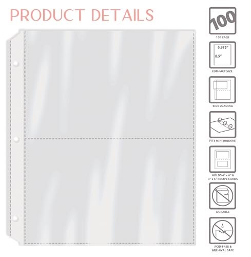 Better Kitchen Products Recipe Card Page Protectors, 100 Count, 4 x 6 inch Pockets, 2 Pockets Per Page, Recipe Book Pocket Page Refill Sheets, 8.5 x 6.9 Inches, 3-Hole Punched-100 Pack - Image 3