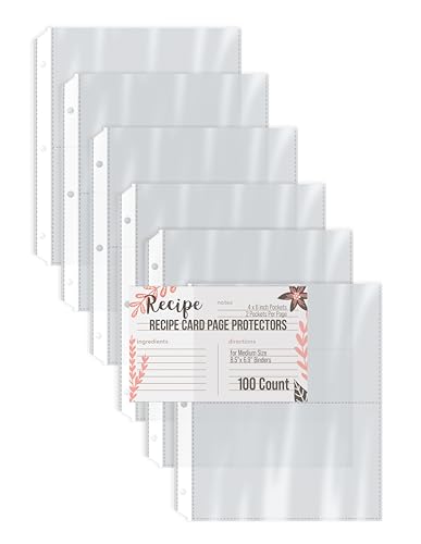 Better Kitchen Products Recipe Card Page Protectors, 100 Count, 4 x 6 inch Pockets, 2 Pockets Per Page, Recipe Book Pocket Page Refill Sheets, 8.5 x 6.9 Inches, 3-Hole Punched-100 Pack - Image 1