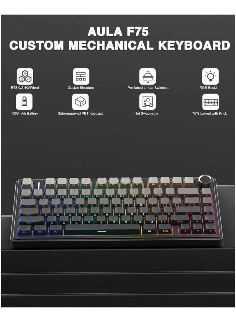 AULA F75 Wireless Mechanical Keyboard,75% Gasket Hot Swappable Custom Keyboard,RGB Backlit,Pre-lubed Reaper Switches,Side Printed PBT Keycaps,2.4GHz/USB-C/BT5.0 Mechanical Gaming Keyboard - Image 3