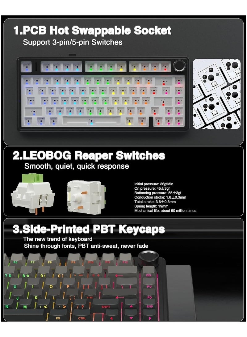 AULA F75 Wireless Mechanical Keyboard,75% Gasket Hot Swappable Custom Keyboard,RGB Backlit,Pre-lubed Reaper Switches,Side Printed PBT Keycaps,2.4GHz/USB-C/BT5.0 Mechanical Gaming Keyboard - Image 5