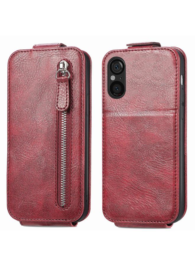 جرين تايجر جراب هاتف جلدي بسحاب قابل للطي عمودي لهاتف Sony Xperia 5 V (أحمر)