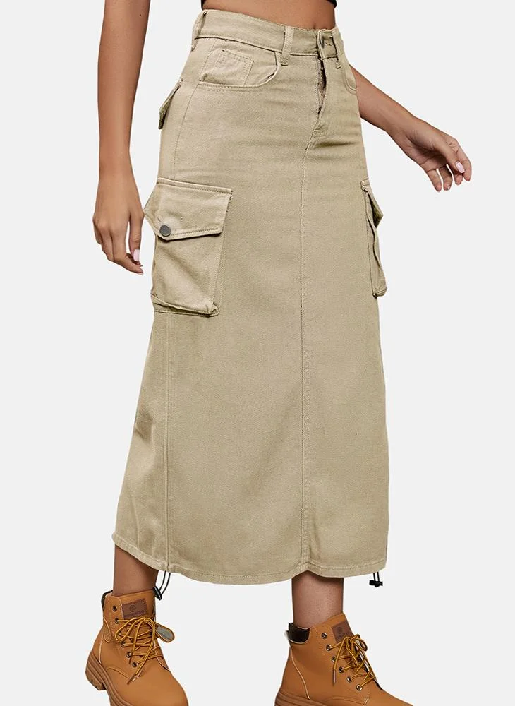 يونيكي Beige Mid Rise Plain Midi Skirt