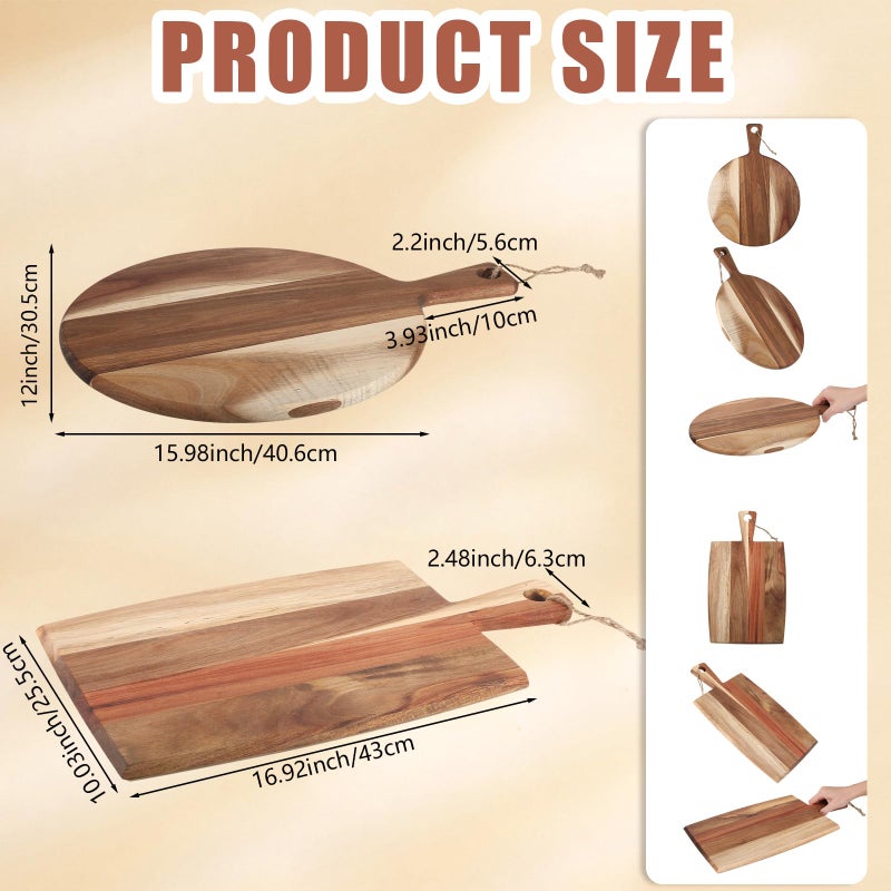Hsei 2 Pcs Acacia Wood Cutting Board with Handle Wooden Charcuterie Board Large Paddle Carving Chopping Set Butter Serving Tray for Cheese Meat Fruit Pizza Bread Baking(Classic Handle) - Image 2