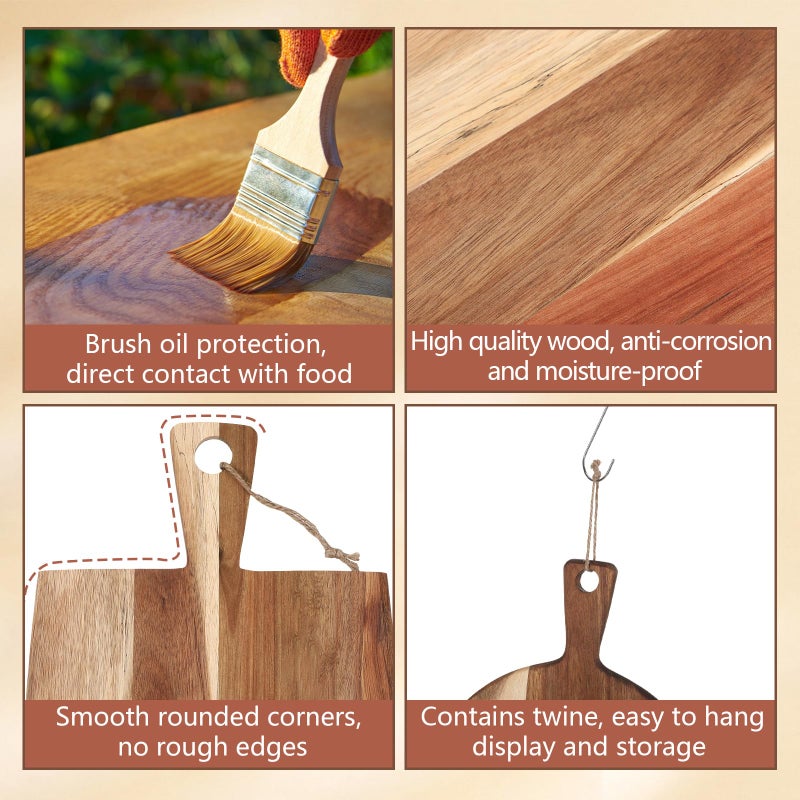 Hsei 2 Pcs Acacia Wood Cutting Board with Handle Wooden Charcuterie Board Large Paddle Carving Chopping Set Butter Serving Tray for Cheese Meat Fruit Pizza Bread Baking(Classic Handle) - Image 4