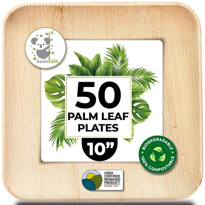 Koala love Palm Leaf Plates 10 Inch Bamboo Paper Disposable 50 Bulk Dinner Square Party Plates Event Tableware Eco Biodegradable Compostable Wooden Plate Best Alternative to Plastic Plate By KoalaLove - Image 1