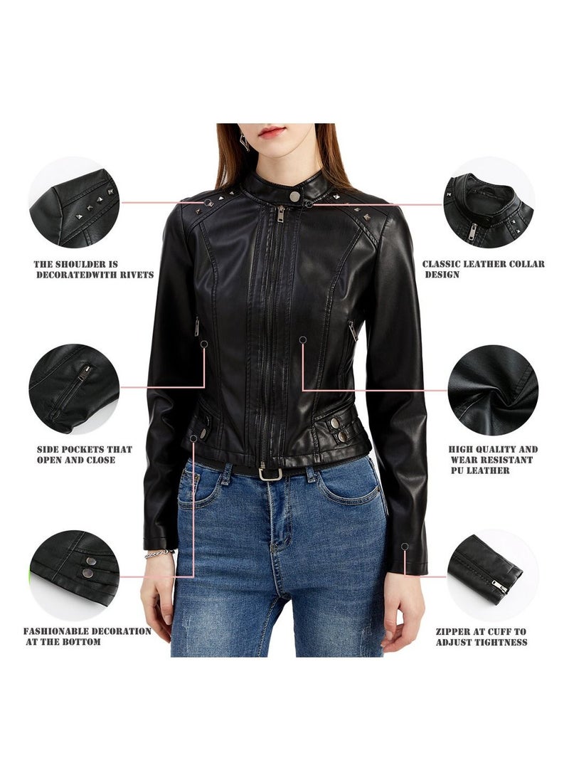 Women's New Riveted Leather Stand Neck Fashion Jacket Black - pzsku/Z8501AE54B7B54DB2573FZ/45/_/1691898239/4e8653db-bcac-4871-a999-33fd8e4e7862