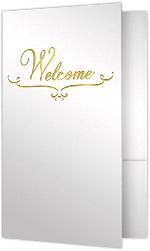 LUXPaper 6 x 9 Small Welcome Folders Two Pocket Bright White Gloss Gold Foil Flourish 12pt Cover 25 Qty