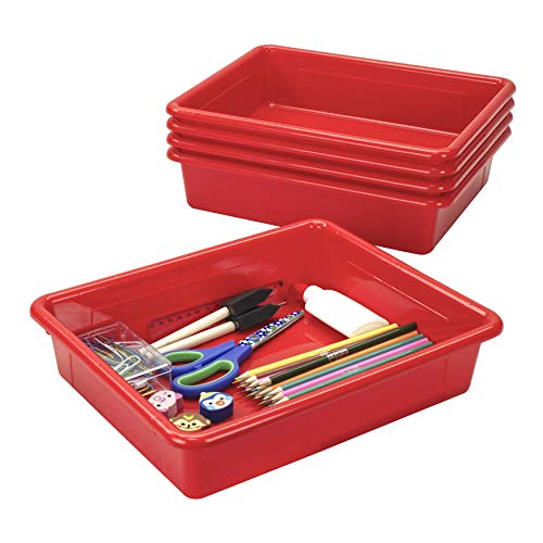 Storex Letter Size Flat Storage Tray – Organizer Bin for Classroom, Office and Home, Red, 5-Pack (62518U05C) , 10 x 13 x 3 Inches - Image 1