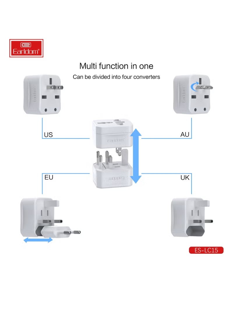 Earldom Universal Plug Adapter Combo 3PCS LC15 White, International Travel Power Adapter, Multi-Plug Converter for UK/US/EU/AU Sockets, Compact Portable Travel Adapter - White - Image 3