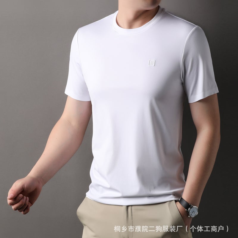 Men's Short Sleeve T-Shirt with Mulberry Silk Embroidery Round Neck Casual Summer - Image 2