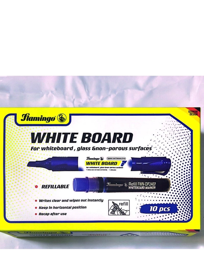 Flamingo 10-Pieces Whiteboard Markers With Refillable Tube Box Blue Color - Image 2