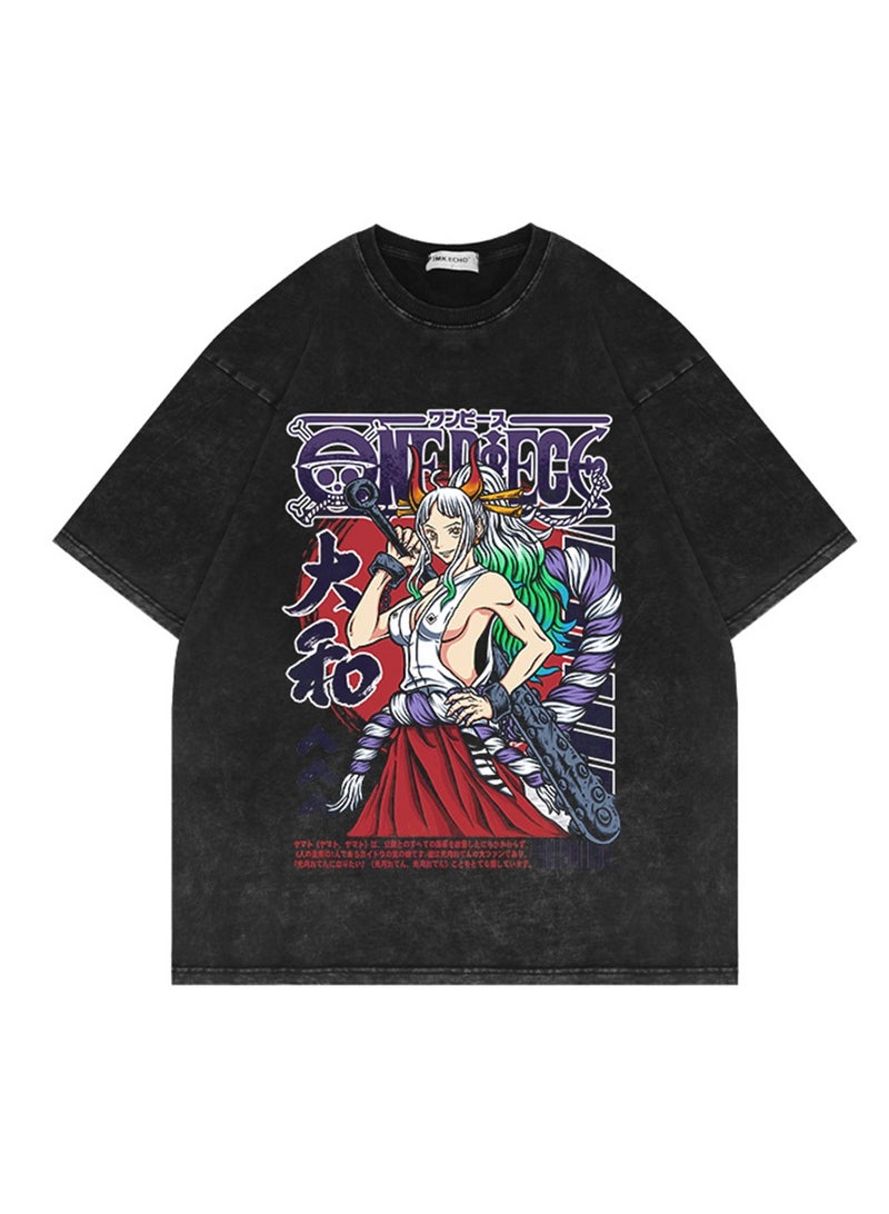 Washed distressed short-sleeved T-shirt retro anime One Piece short-sleeved fashion T-shirt - Image 1
