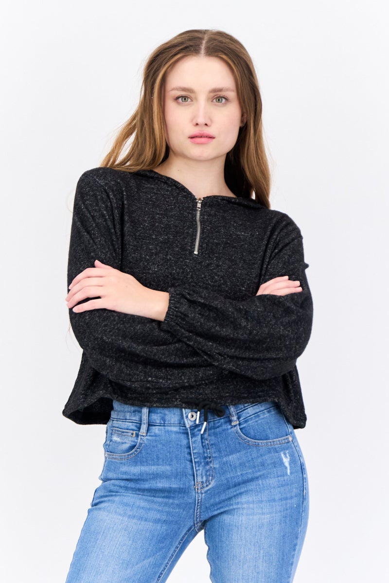 BRAVE SOUL Women Hooded Long Sleeves Heather Sweatshirt, Charcoal - Image 1