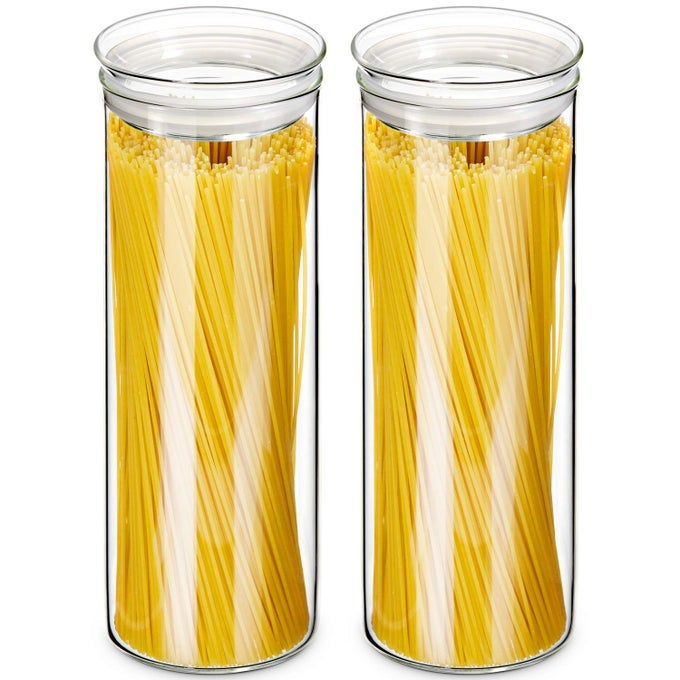 GLASS SPAGHETTI PASTA STORAGE CONTAINER WITH LIDS SET OF 2 65OZ TALL CLEAR AIRTIGHT FOOD STORAGE JAR CANISTERS FOR KITCHEN PANTRY NOODLES FLOUR CEREAL COFFEE BEANS