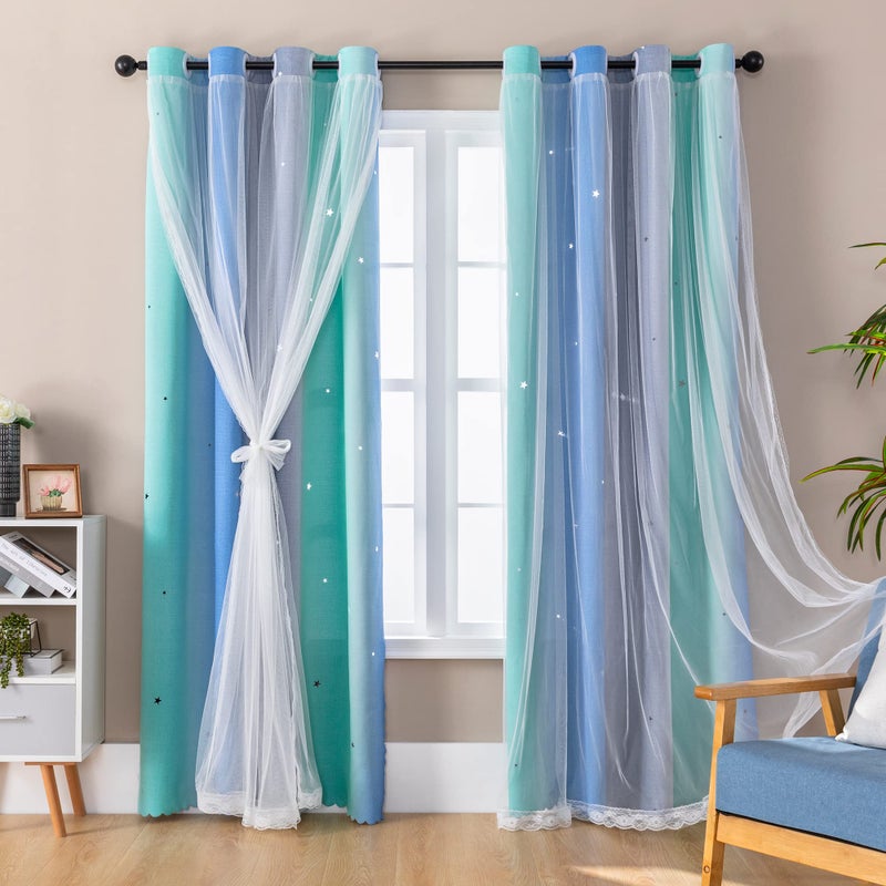 XiDi Curtains for Girls Bedroom Kids Room Unicorn Princess Theme Home Decor Room Darkening Grommet Window Curtains 63 Inches Length Blue Green Grey, W34 X L63 2 Panels - Image 1