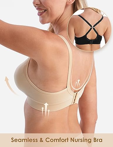 HOFISH Maternity Nursing Bra for Breastfeeding Pregnancy Deep V Neck T-Shirt Wireless Bra with Extenders & Clips Beige S - Image 3