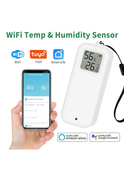 Wifi Temperature Humidity Detector Smart Hygrometer Thermometer Sensor Works with Smart Life App and Works with Alexa and Google Home，White