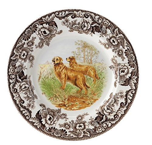 Spode Woodland Hunting Dogs Golden Retriever Salad Plate 8 Fine Earthenware with British Flowers Border Microwave Dishwasher Warm Oven Safe Rustic DogThemed Tableware Made in England