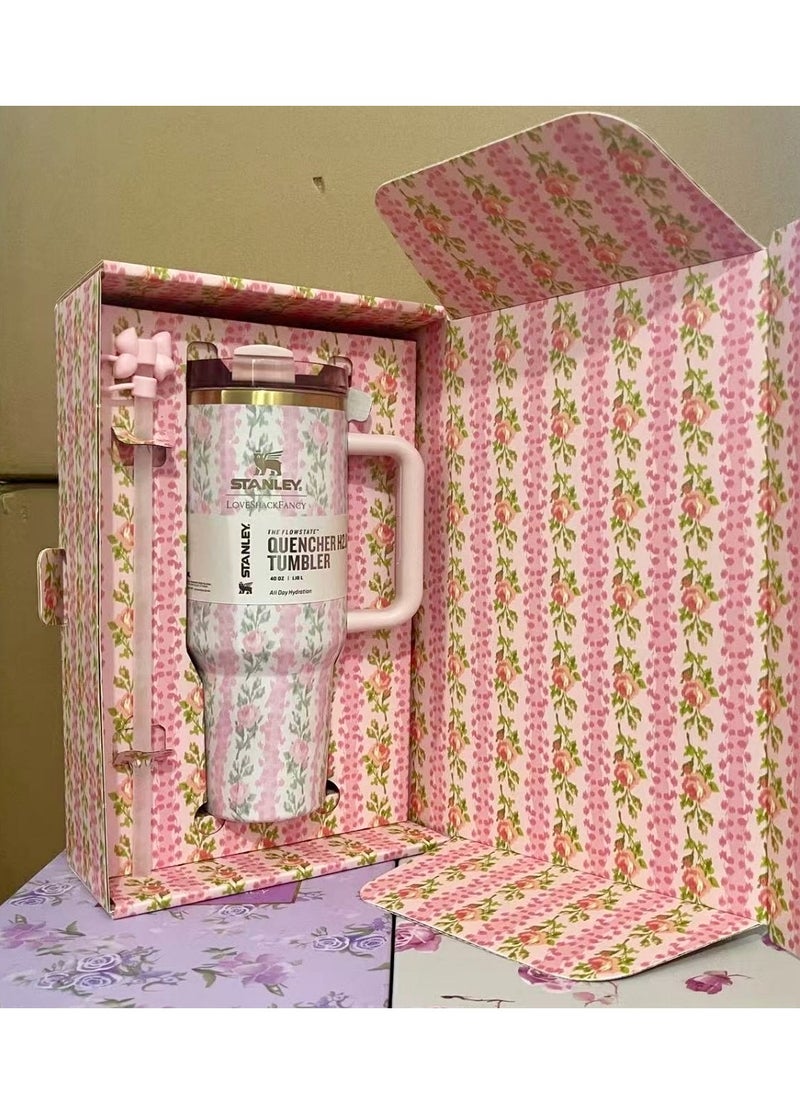 Stanley - Love Shack Fancy H2.0 Flow State 40oz Pink Rose Tumbler, Stainless Steel Vacuum Insulated Quencher with Lid, Straw, and Stopper, Ideal for Water and Iced Tea, Keeps Drinks Cold, Presented in Elegant Gift-Ready Packagin - Image 1