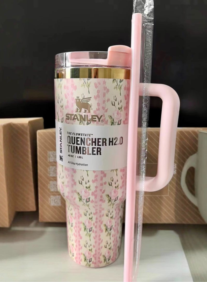 Stanley Love Shack Fancy H2.0 Flow State 40oz Pink Rose Tumbler, Stainless Steel Vacuum Insulated Quencher with Lid, Straw, and Stopper, Ideal for Water and Iced Tea, Keeps Drinks Cold, Presented in Elegant Gift-Ready Packagin - Image 4