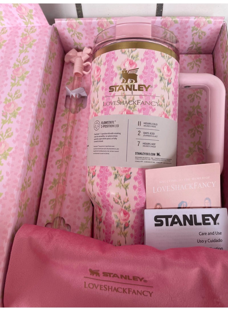 Stanley Love Shack Fancy H2.0 Flow State 40oz Pink Rose Tumbler, Stainless Steel Vacuum Insulated Quencher with Lid, Straw, and Stopper, Ideal for Water and Iced Tea, Keeps Drinks Cold, Presented in Elegant Gift-Ready Packagin - Image 2
